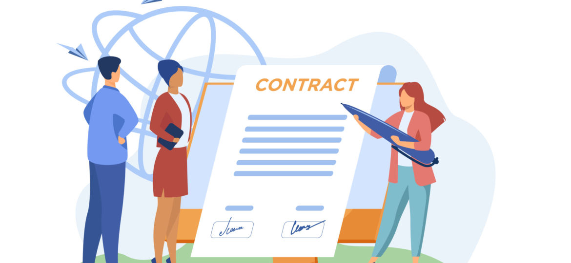 Business partners signing contract online